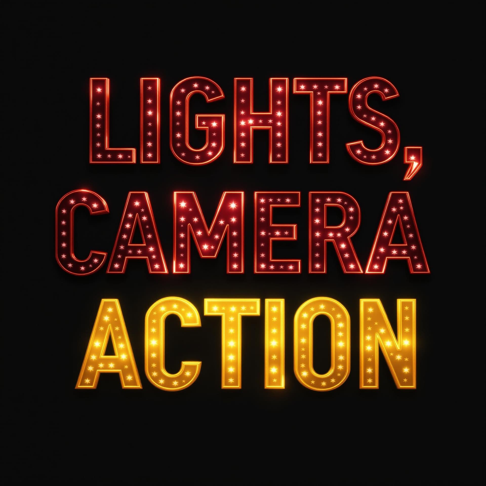 AI generated: Design a bold and cinematic text-based design with the words 'Lights, Camera, Action'. Use a dramati...