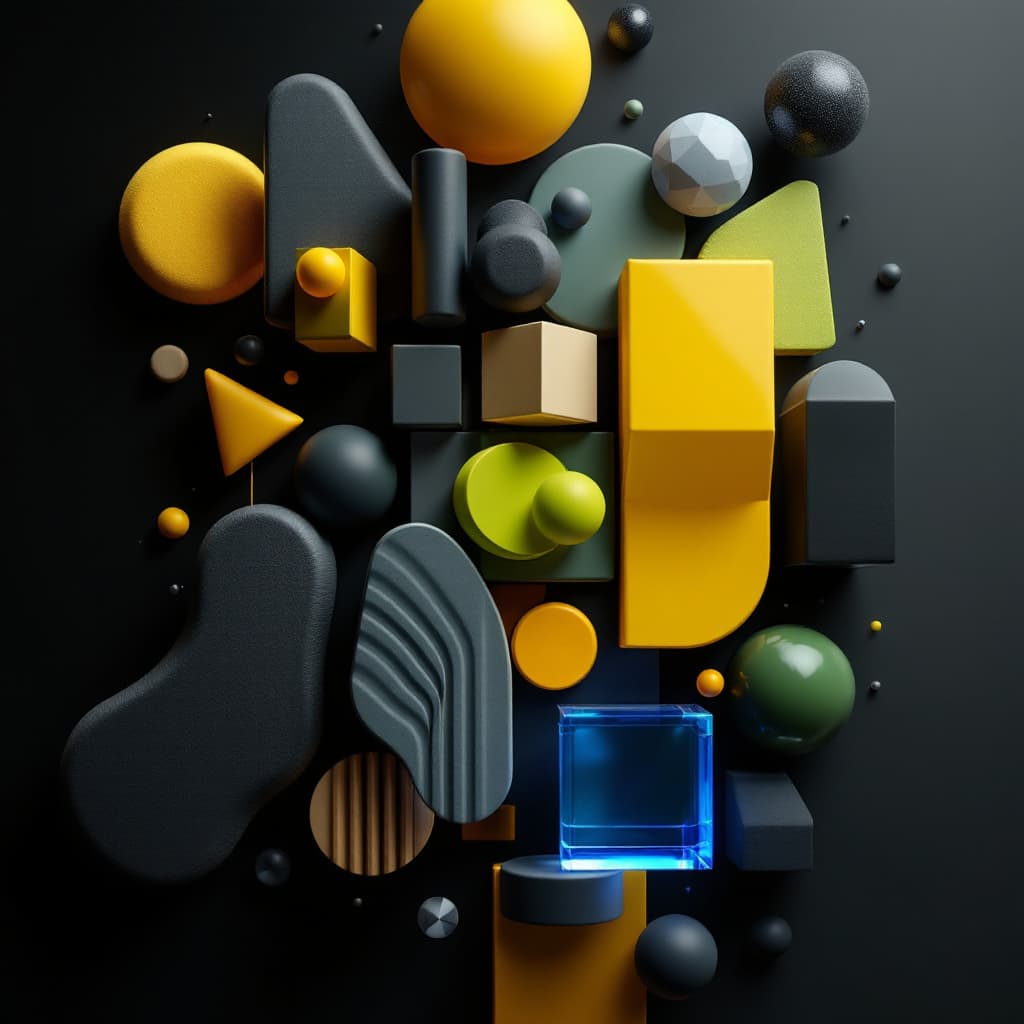 AI generated: 3D geometric shape composition, vivid green and yellow, dark grey colored, various sleek texture, tr...