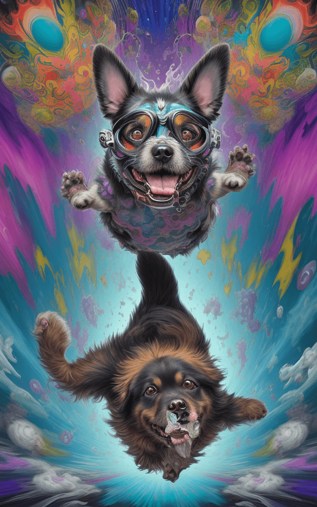 AI generated: A dog emanating an aura of confusion performs a leap, surreal painting, contorted reality, vivid col...