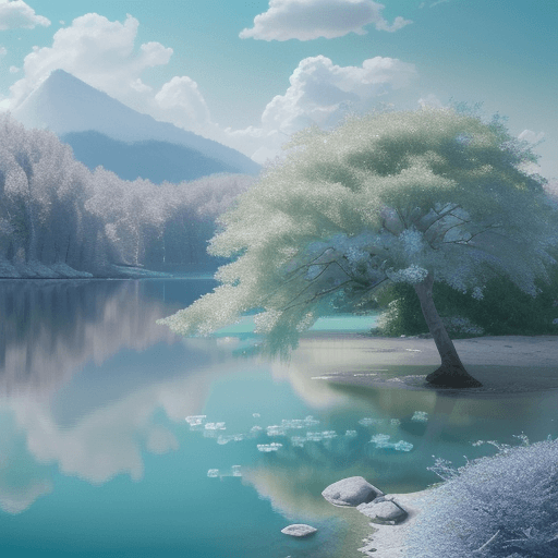 AI generated: lake blue clear crystal, Clouds white, tree green, Colorful, Detailed, 4k, Ultra Hd, Realistic, Vivi...