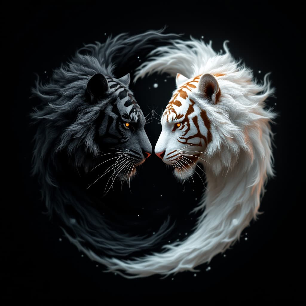 AI generated: A yin and yang ultra realistic concept art design using two tigers one black on the right and white ...