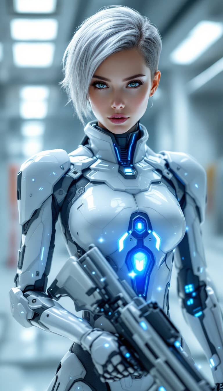 AI generated: Dynamic angle, full body view, realistic, female android warrior, short, silver hair, sleek cybernet...