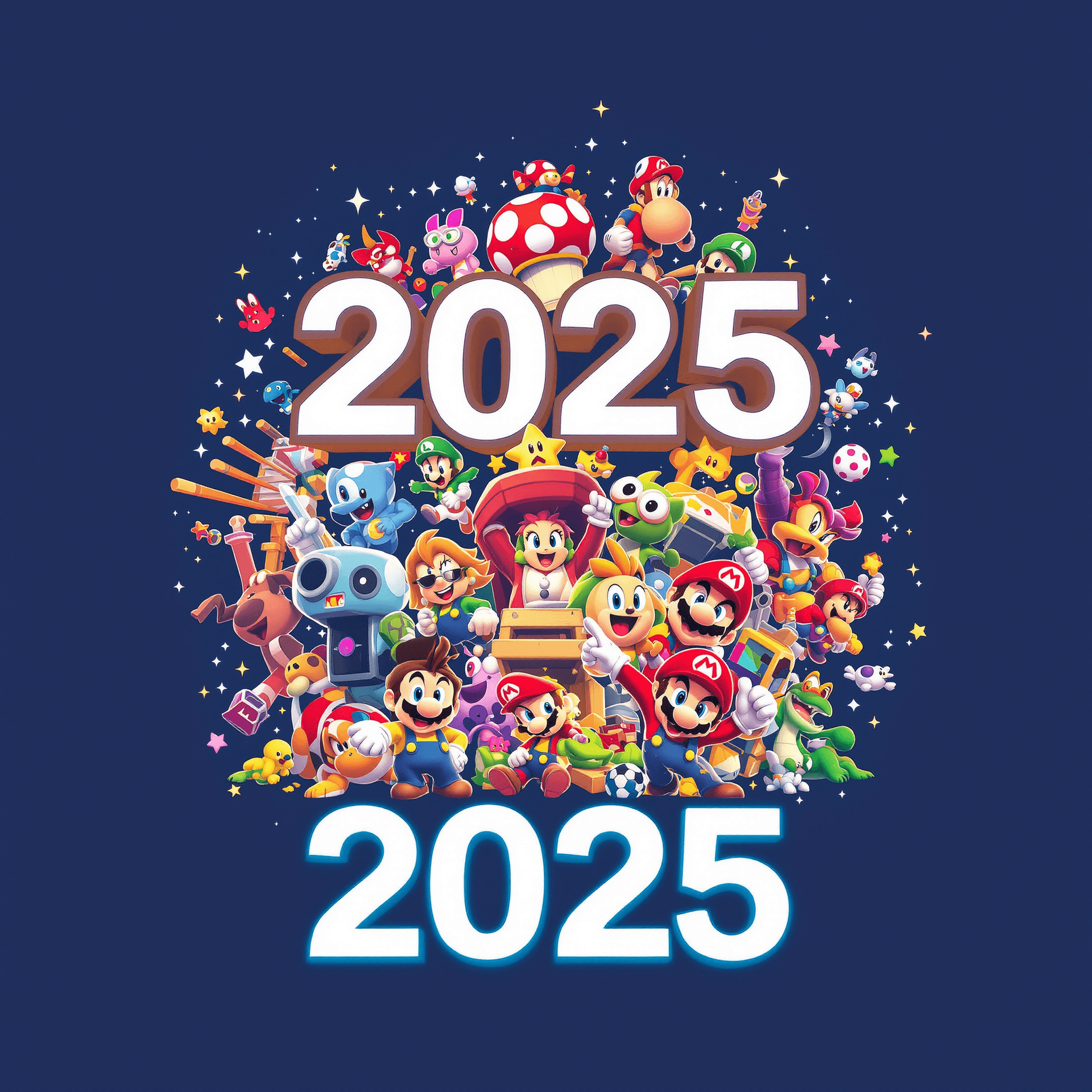 AI generated: vibrant happy new year 2025 artwork with video game characters from nintendo and playstation mdjrny-...