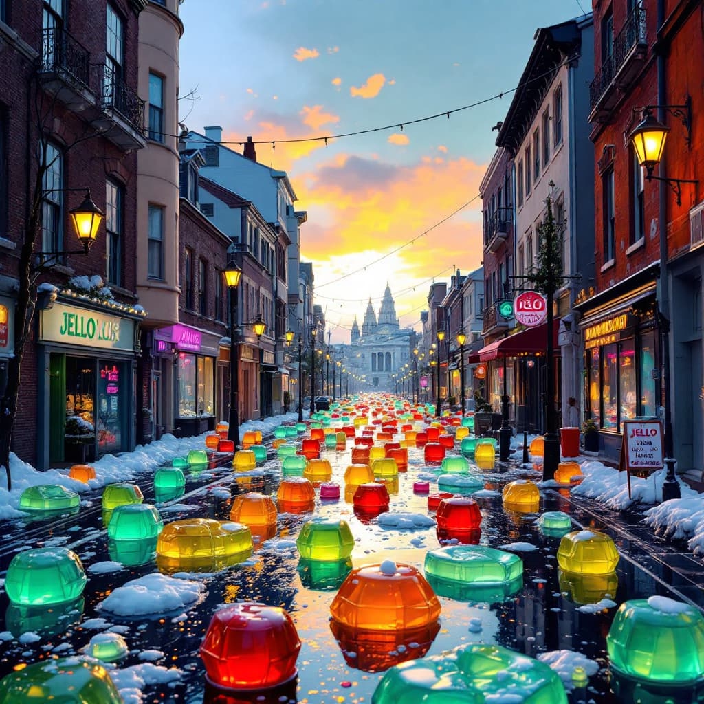 AI generated: a city street  are  made of jello, it is late afternoon.
