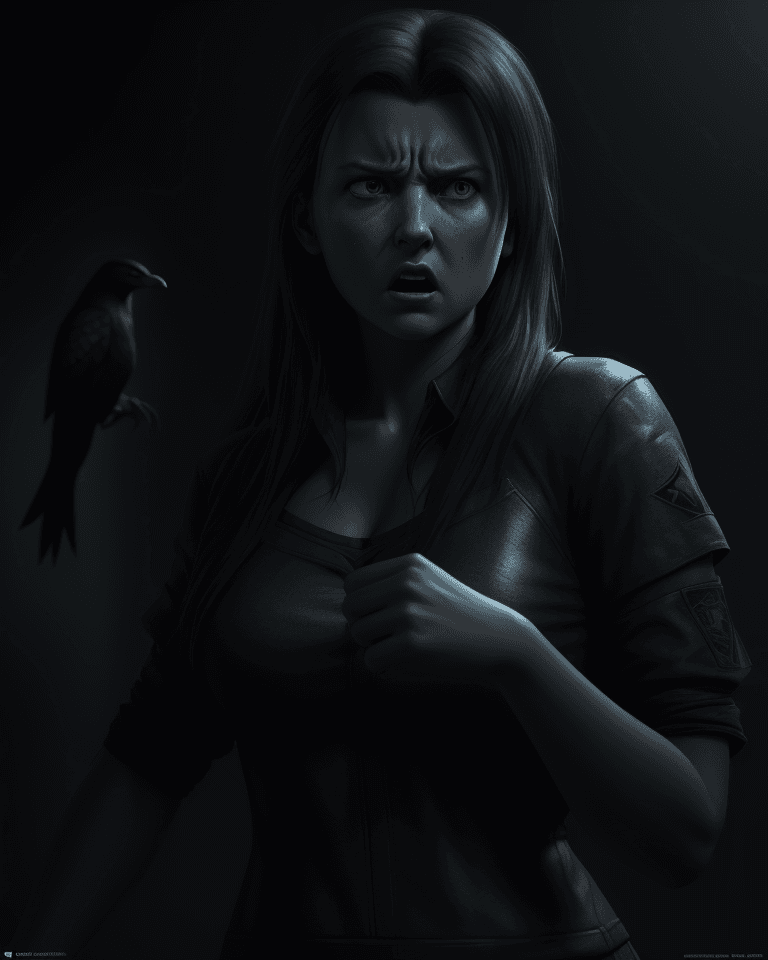 AI generated: Angled photo of a young lady Looking in fear at a Seagal, scared, screaming, dramatic lighting, conc...