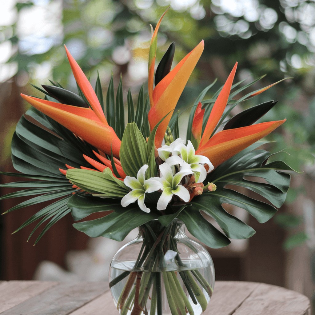 AI generated: A vase of unique tropical flowers
