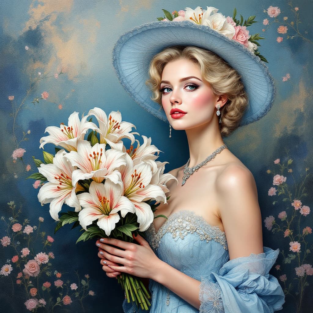 AI generated: A LoveCat-style impasto painting of Queen Lily, a blonde Victorian woman in a pale blue strapless dr...