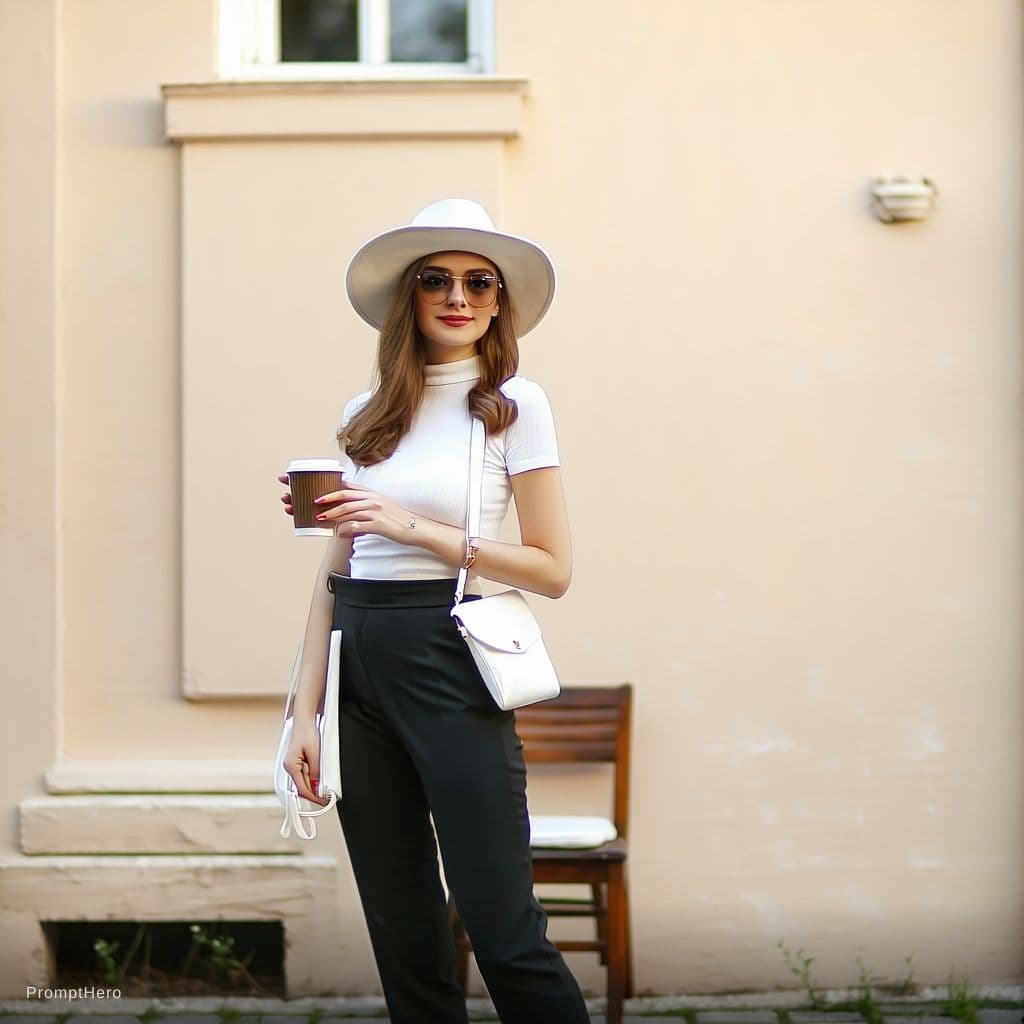 AI generated: The image features a woman wearing a white hat and a white dress, standing in front of a building. S...