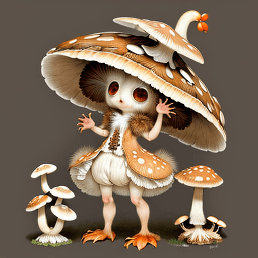 AI generated: Artist Jean-Baptiste Monge style, A humanoid Maitake Mushroom, Soft long orange fur, White-eyes, Dre...