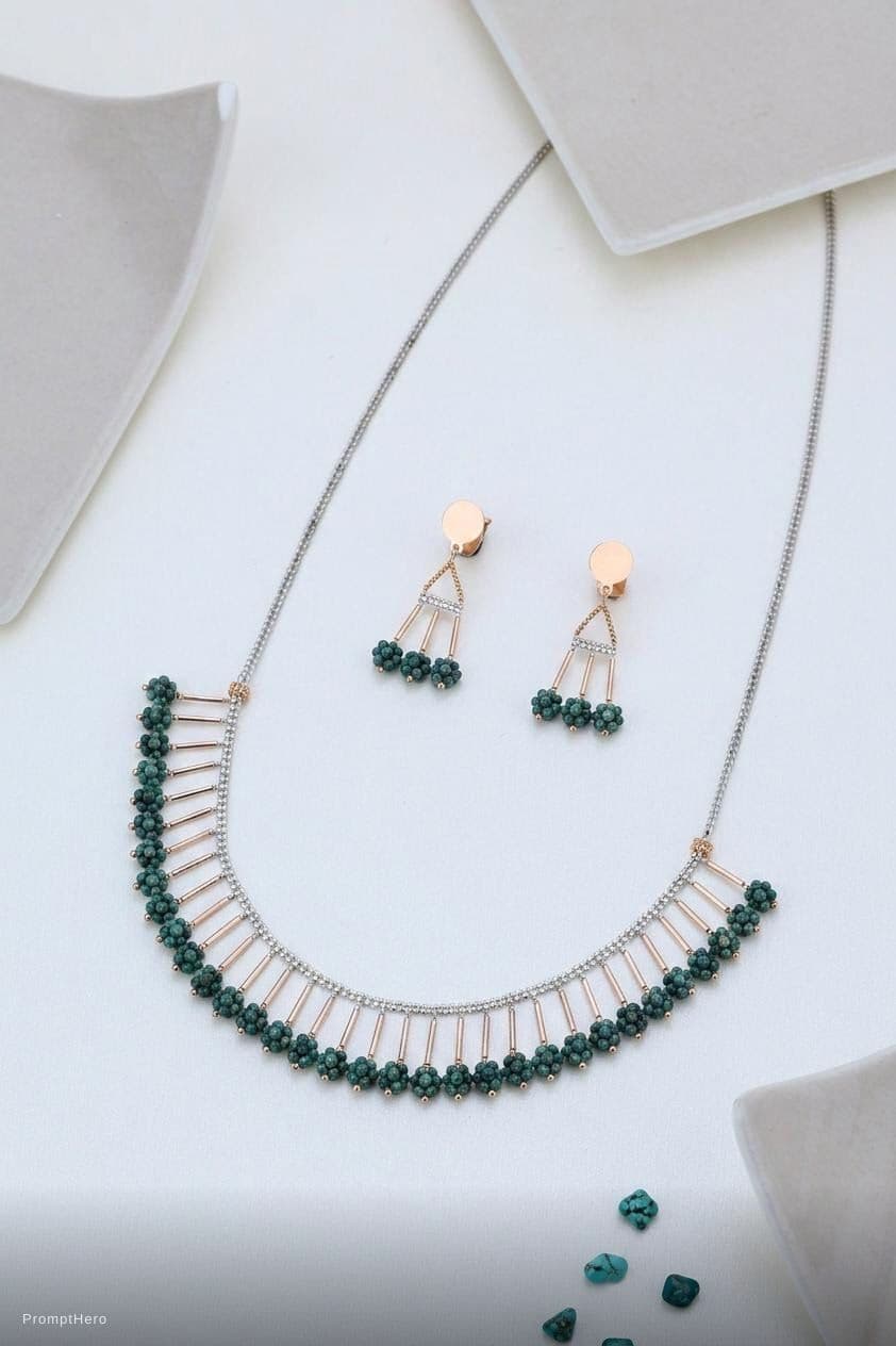 AI generated: Elegant close-up of a woman wearing a natural crystal necklace made of African turquoise jasper bead...