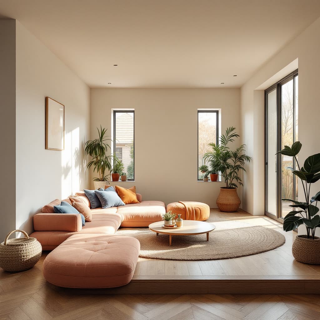 AI generated: High resolution photography interior design, dreamy sunken living room conversation pit, wooden floo...