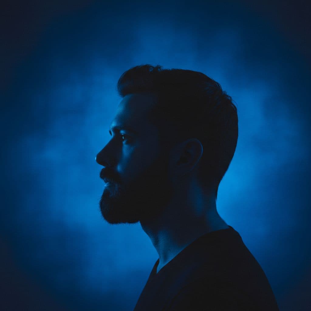 AI generated: photography, front, gaze, portrait, contrast, profile silhouette of a man against a vibrant deep blu...
