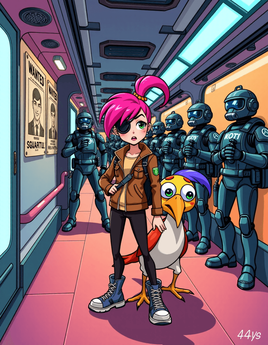 AI generated: Prompt 4 von 10: "Captain Kiki (vibrant pink hair, cybernetic eye patch, brown leather jacket) and S...