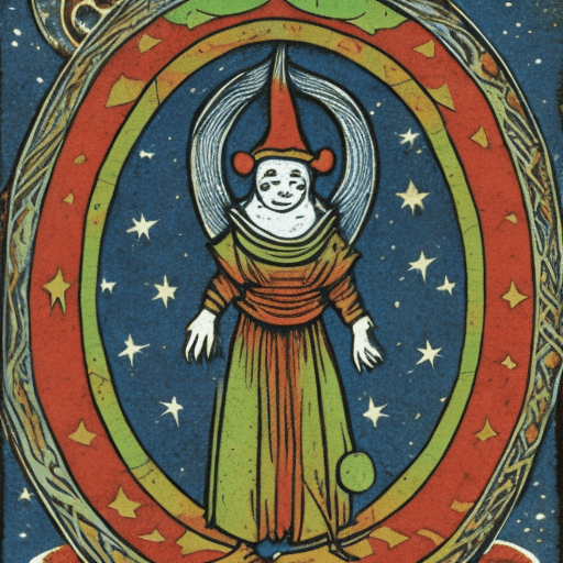 AI generated: A jester standing on a hill, stars in sky, moon with face in sky, alchemical art, medieval woodcut a...