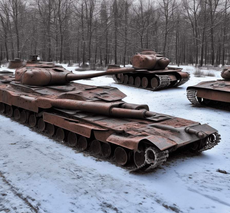 AI generated: one  lost  rusted camo  russian  tank  is dead. It is lying on  the ground in the street in a  germa...