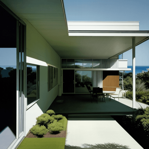 AI generated: Hyper realistic eye level exterior photo of a mid century modern style house overlooking the ocean, ...