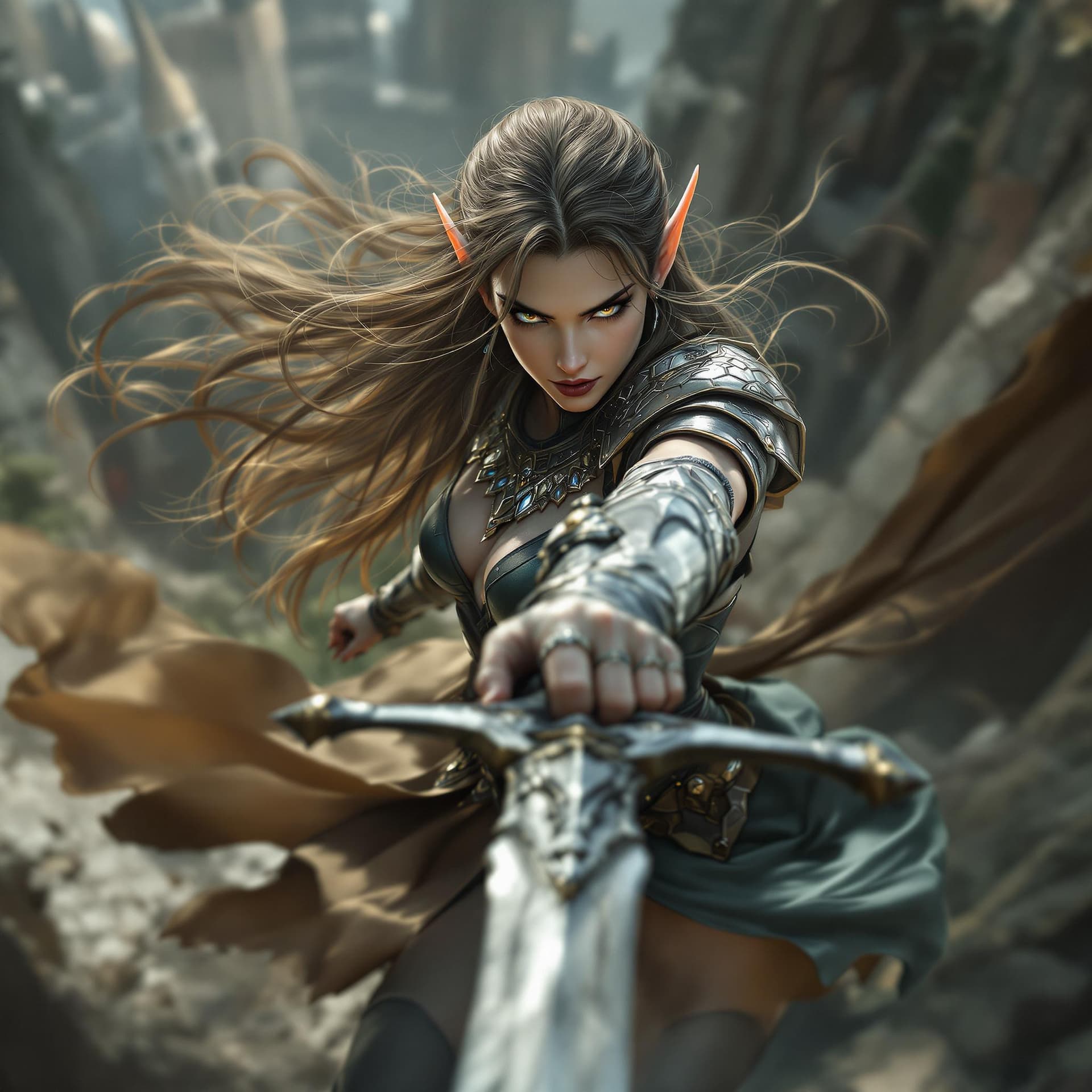 AI generated: over the shoulder view of A female warrior elf holding a huge sword with both hands, long flowing ha...