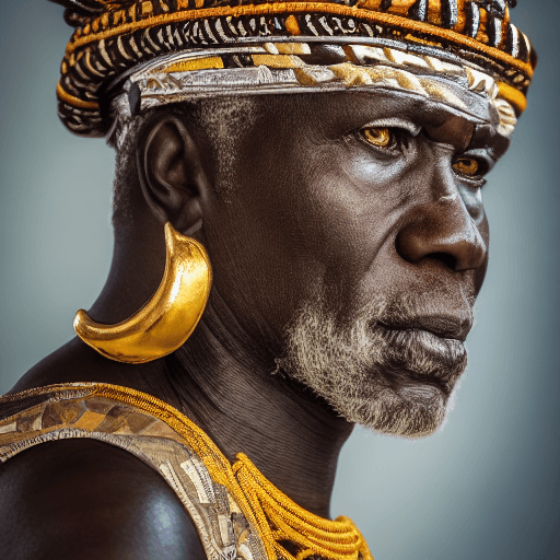 AI generated: portrait photo of a african old warrior chief, tribal panther make up, gold on white, side profile, ...