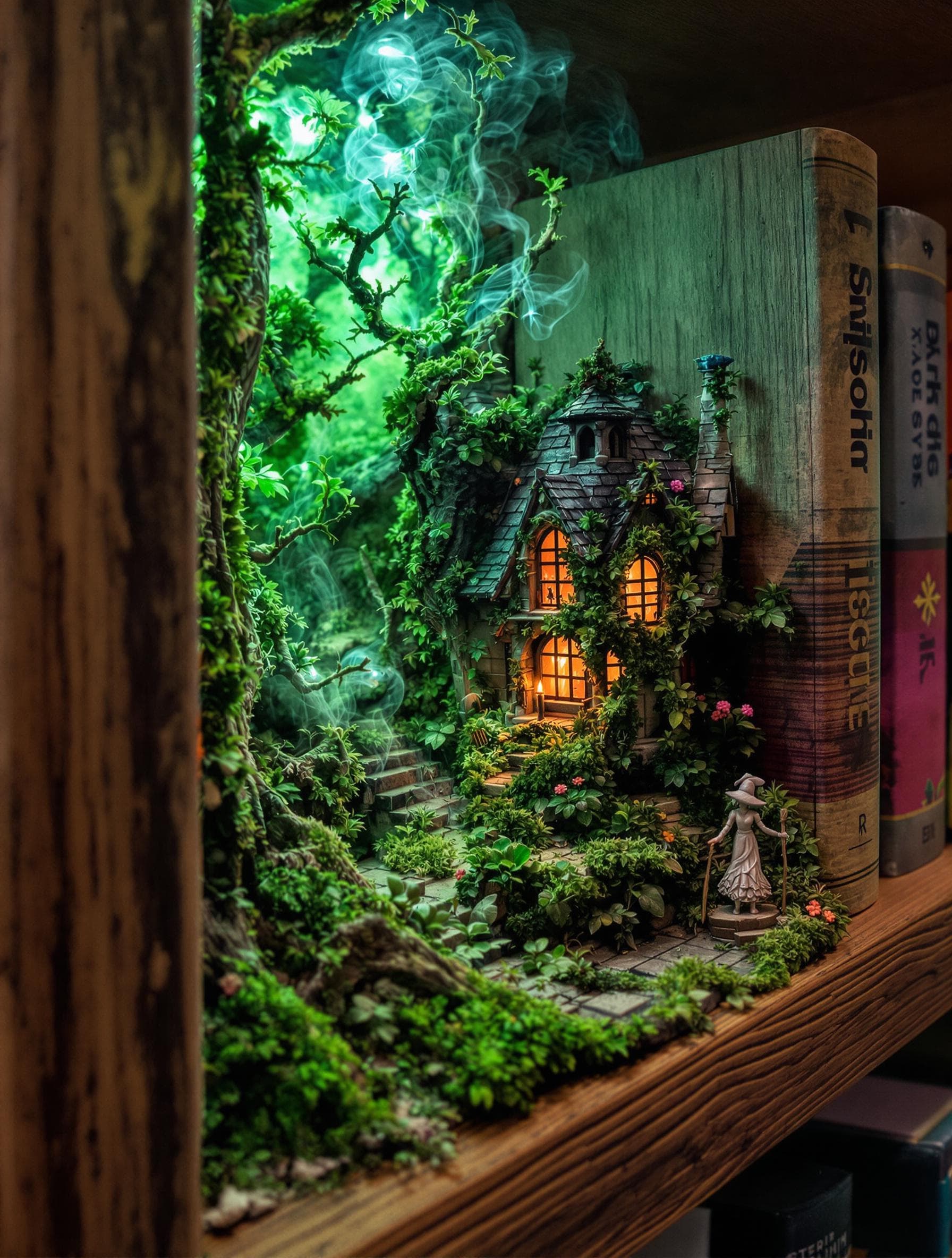 AI generated: fairy tales on the shelf dark fantasy realistic close-up
from a rough wooden shelf between books mic...