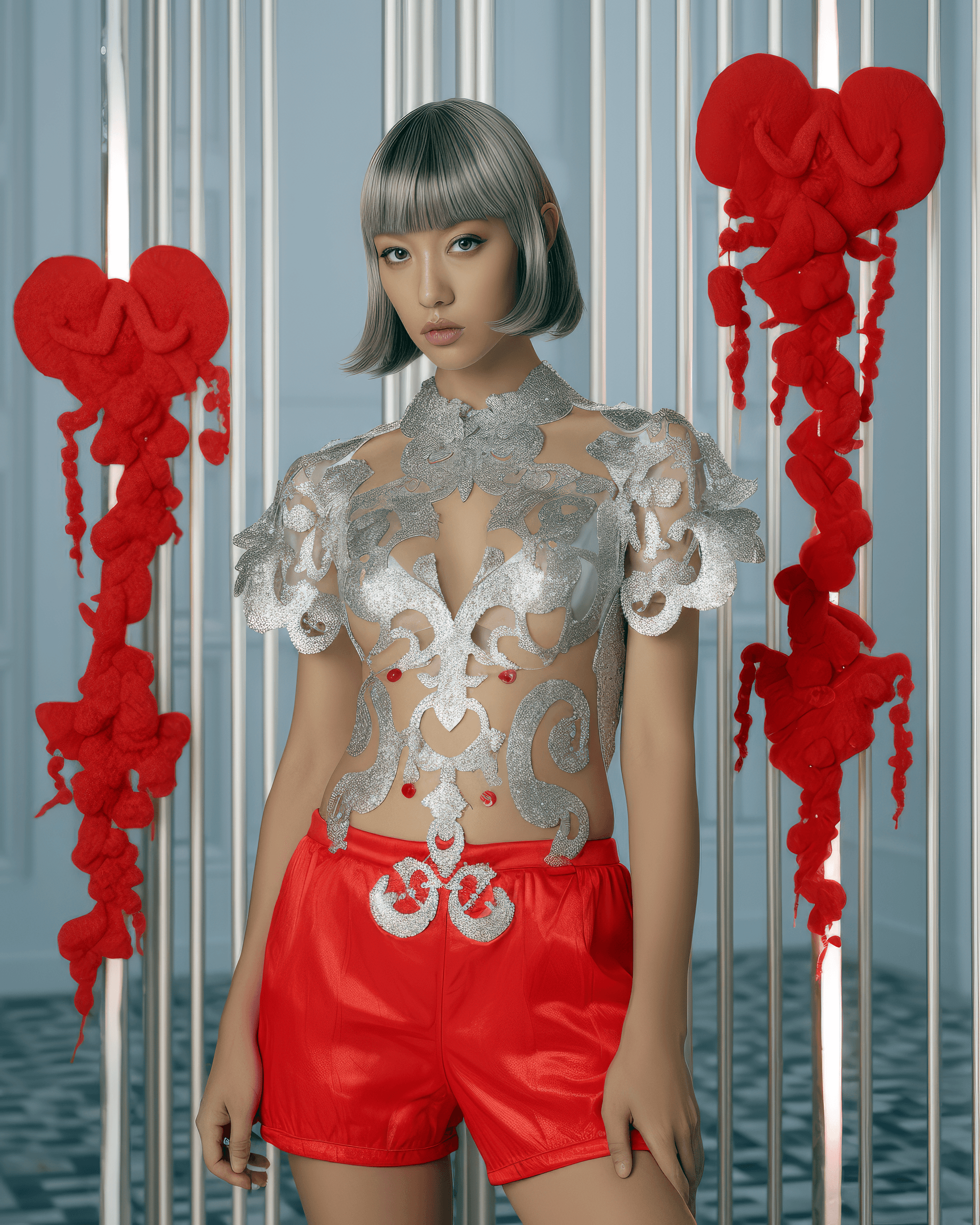AI generated: the red short dress is shown in the background, wearing shiny silver accessories, in the style of ne...