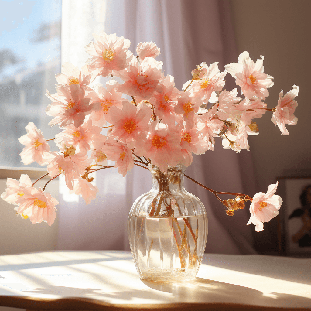 AI generated: there is a vase with flowers on it in a room, surreal waiizi flowers, intense sunlight, very beautif...