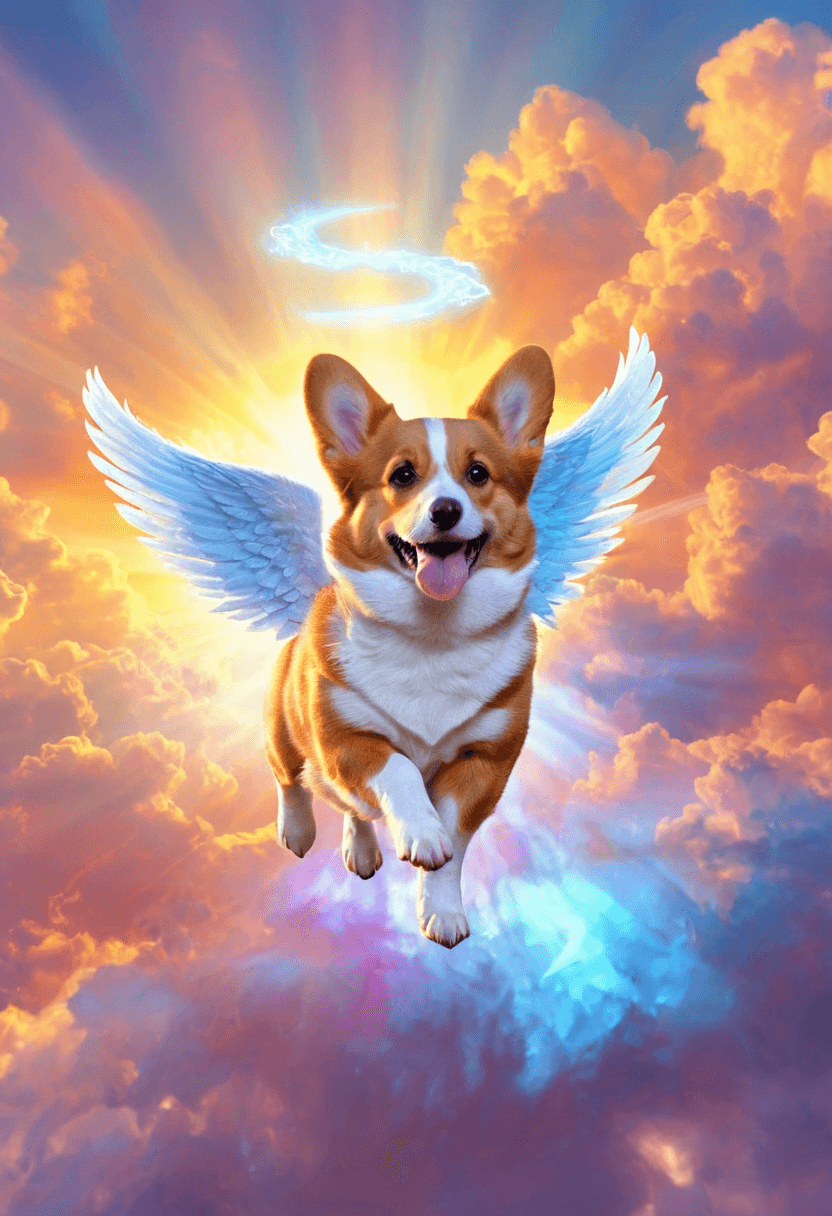 AI generated: Abstract style A majestic corgi with angel wings gliding through the clouds, pearlescent colors refl...