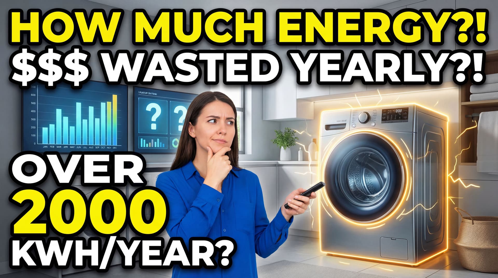 AI generated: How much energy dryer use per year. Make into thumbnail design compelling. It's a washer dryer. show...