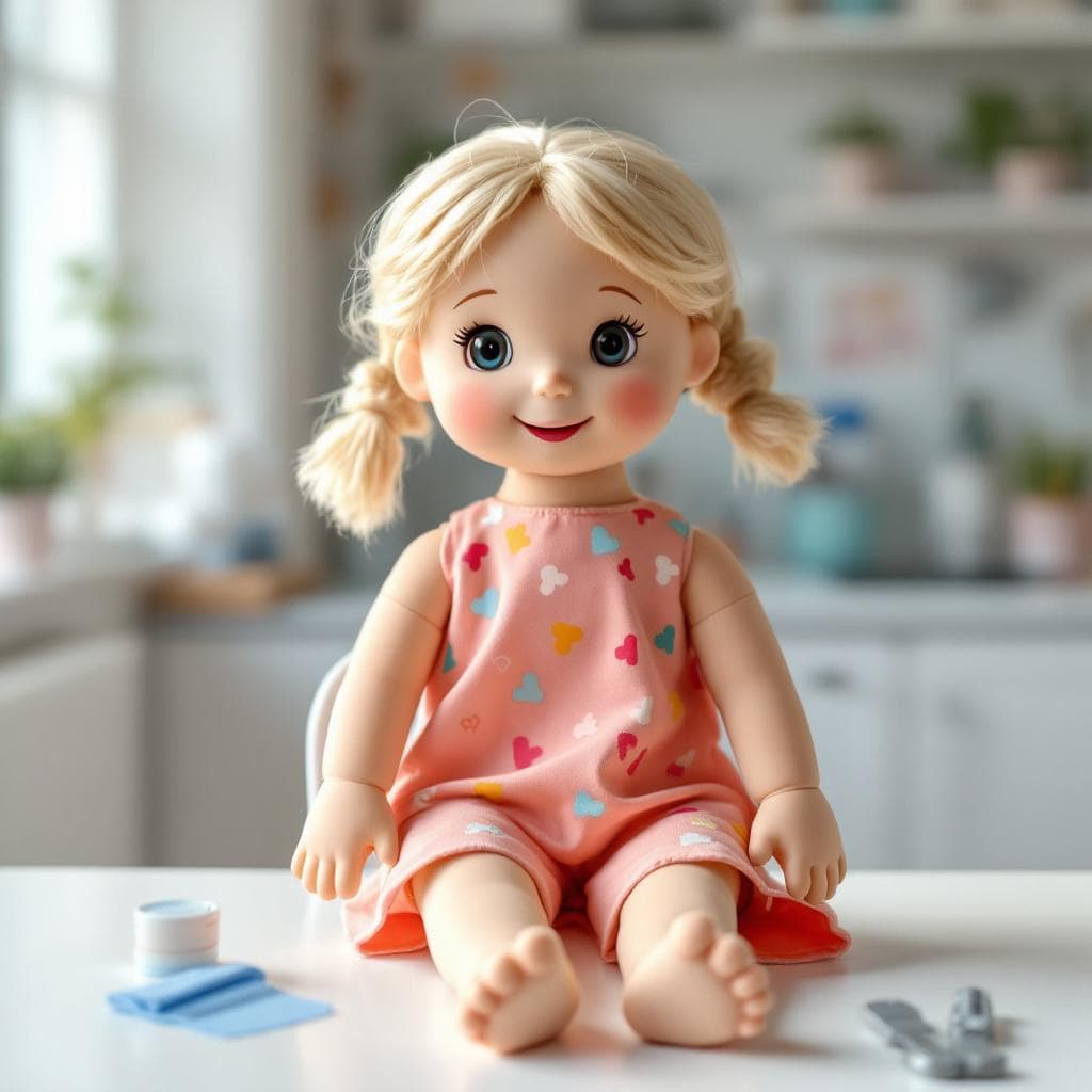 AI generated: A 50 cm tall educational rag doll designed for children to learn about blood tests. The doll has a s...