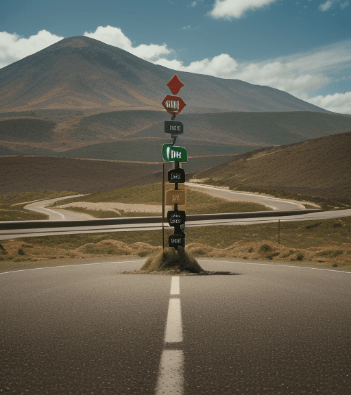 AI generated: A signpost stands at a fork in the road. Pointing in one direction, the sign says "Victory." Pointin...