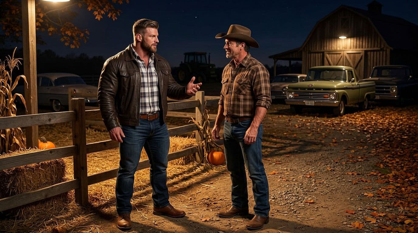 AI generated: In an Autumn night at a ranch. The vintage olive green Ford pick up truck is parked between other ca...