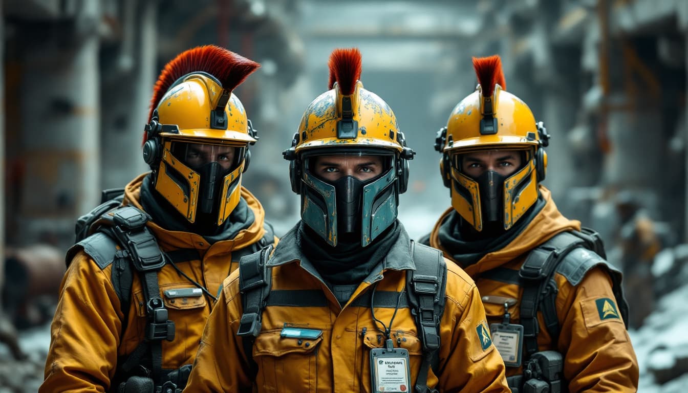 AI generated: 3 spartan in full battle gear standing facing exactly in front of camera, in the style of crimson an...