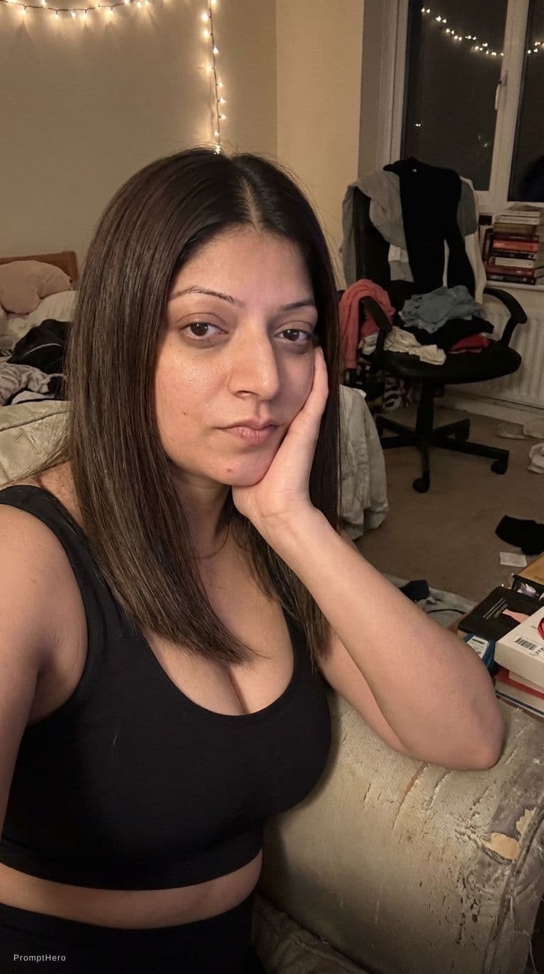 AI generated: Sloppy snapshot.Straight medium-long dark brown hair, middle part, nhancing the neckline area with r...