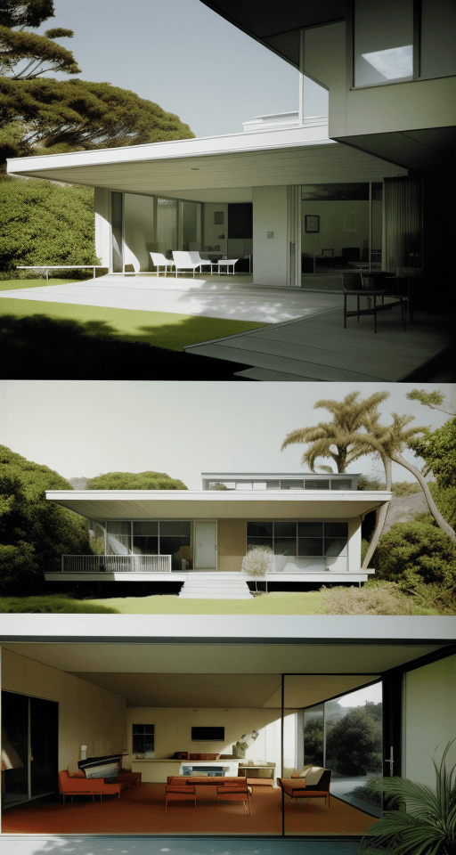 AI generated: Hyper realistic eye level exterior photo of a mid century modern style house overlooking the ocean, ...