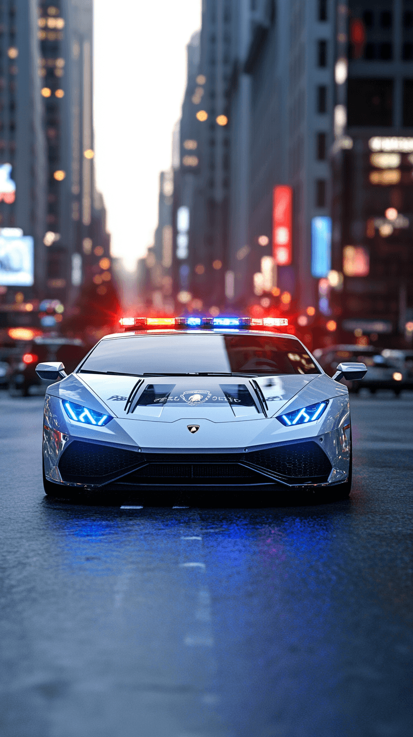 AI generated: Striking, photorealistic police [Lamborghini] car with flashing lights patrolling city streets, repr...
