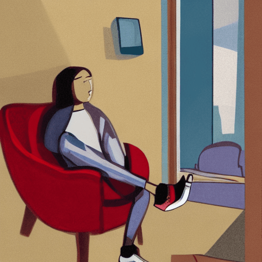 AI generated: Chilean teenager sitting in an armchair in the living room, pensive look, legs and arms relaxed, rea...