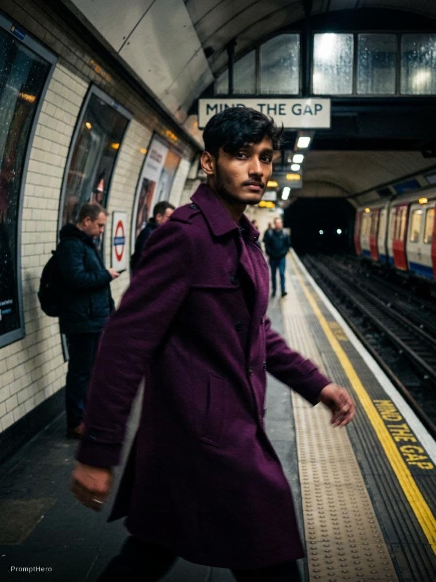 AI generated: fashion editorial photography, motion blur, male model, wearing an wool coat, deep purple color, wal...