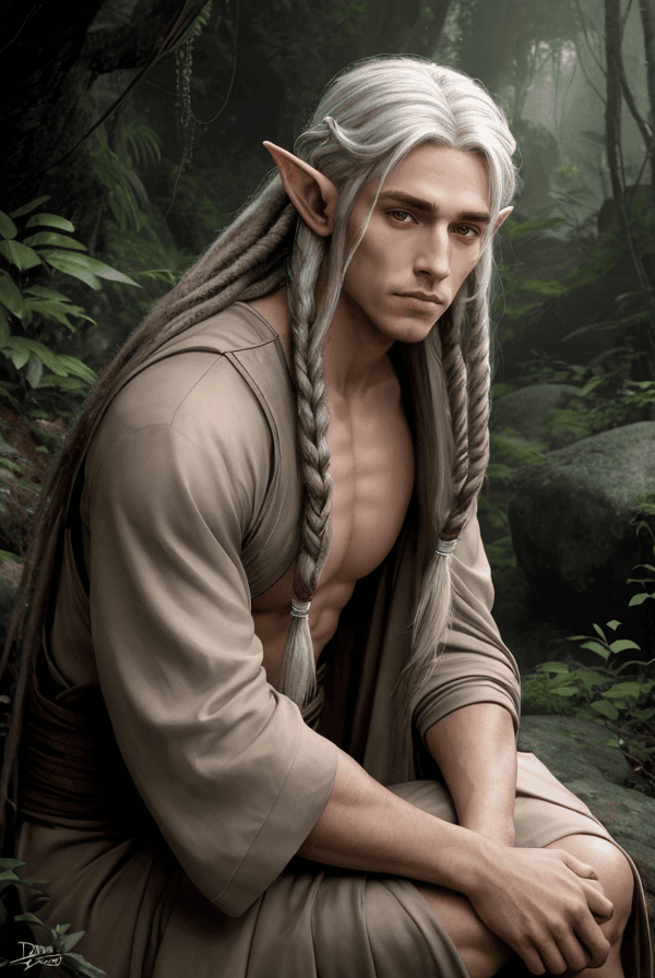 AI generated: a beautiful archer male elf, (sitting on a rock overlooking a jungle1:1), 2/3 face angle, (looking d...