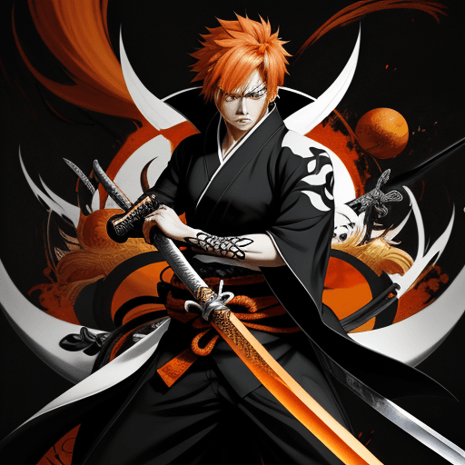 AI generated: Bankai, anime style, 4k, serious face, short orange hair, sword, black kimono, background with chaos