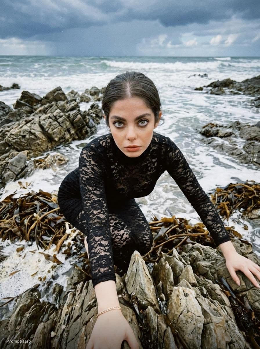 AI generated: a woman sitting on top of a rock next to the ocean, black turtleneck lace dress, lara stone, layout,...