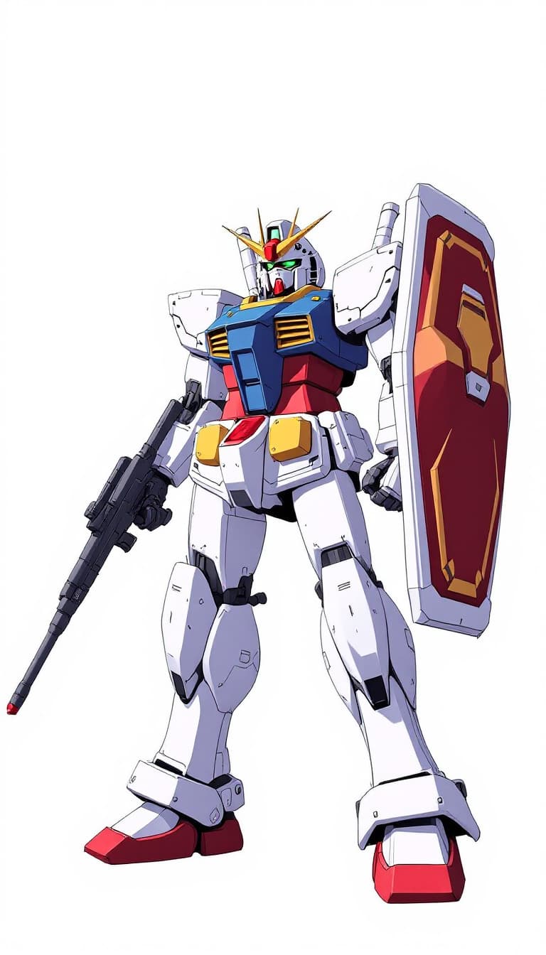 AI generated: illustration of RX-78-2 Gundam, with shield and weapon, in the style of Kunio Okawara, anime, Mobile...