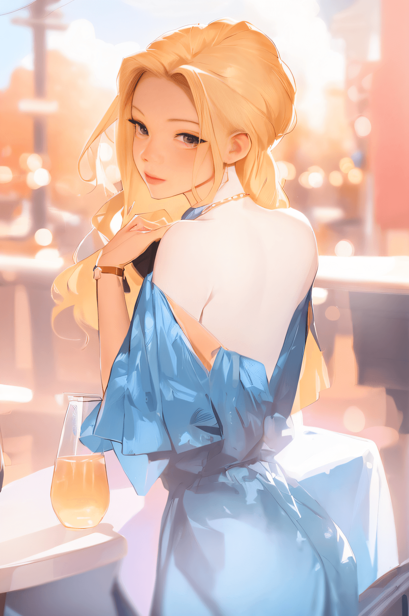 AI generated: a woman sitting at a table with a drink in her hand, cute anime waifu in a nice dress, ross tran sty...