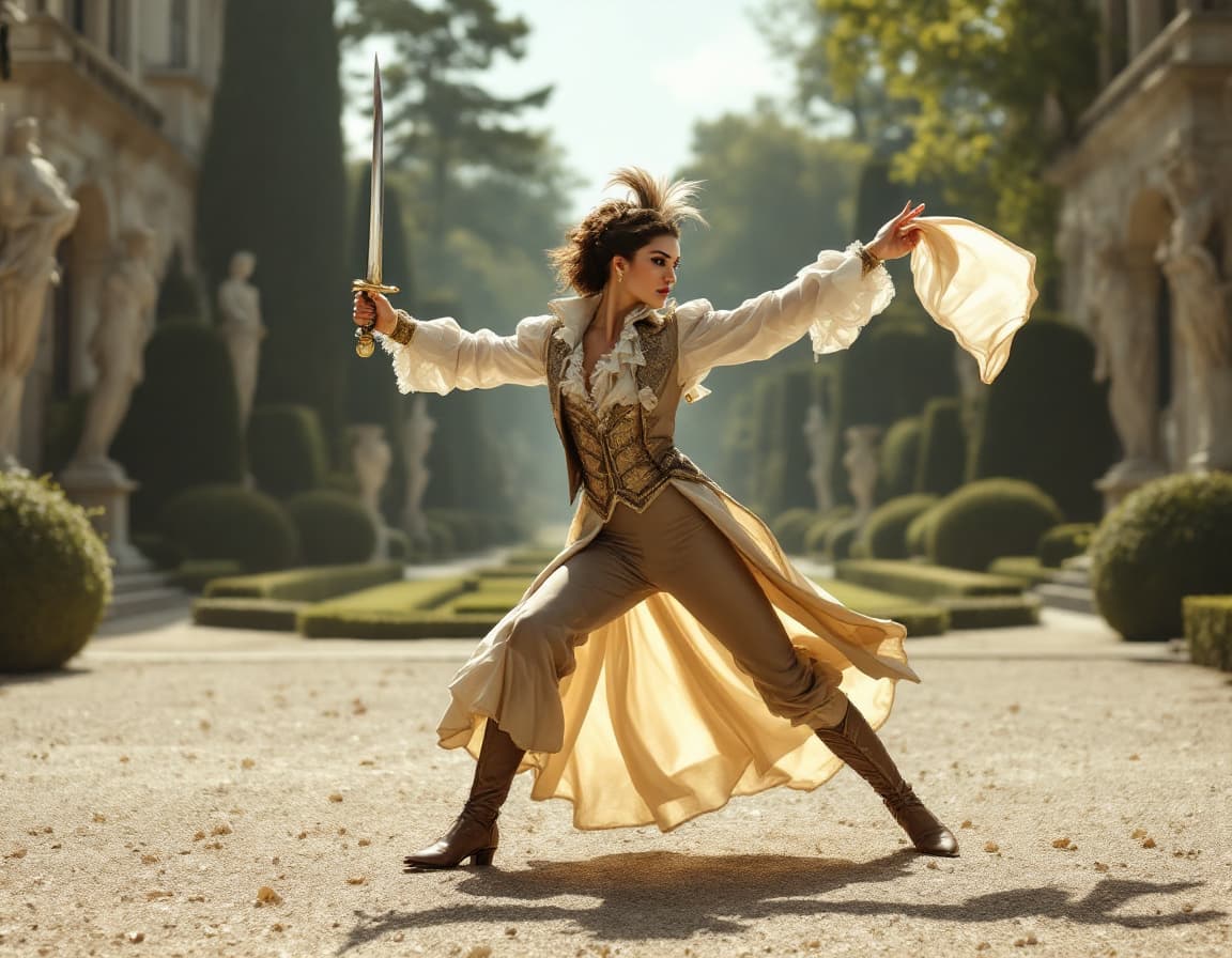 AI generated: In an ornate baroque garden framed by marble statues, trimmed hedges, and gravel paths, a woman perf...