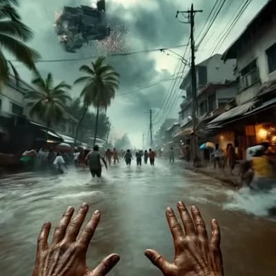 AI generated video: Animate a first-person POV of a man running through a flooded street during a tsunami. His muddy han...