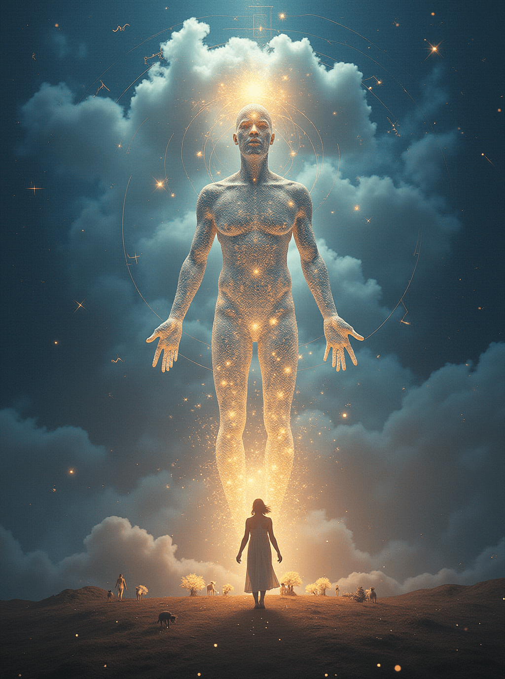 AI generated: Surreal, cosmic visual depicting all living beingsâhumans, animals, plantsâdisintegrating into o...