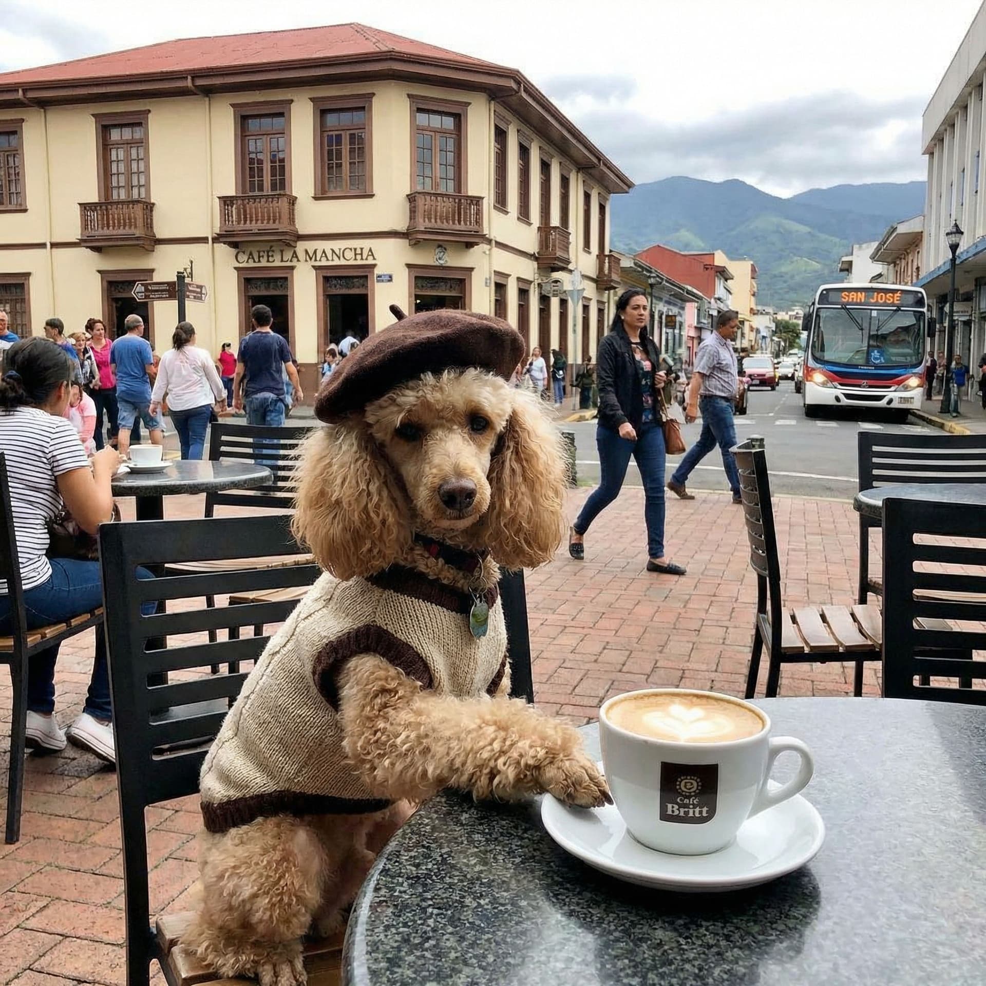 AI generated: french poodle tomamdo un cafe en san jose costa rica
