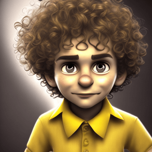 AI generated: a boy with curly hair and yellow shirt, in the style of rendered in cinema4d, charming characters, i...