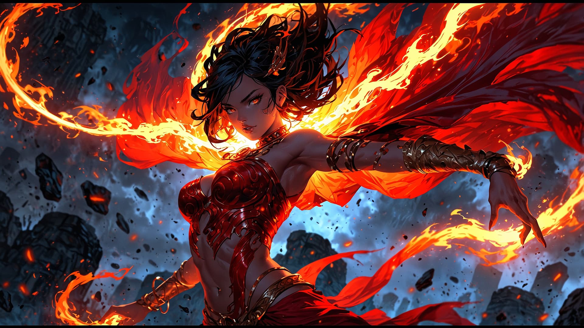 AI generated: A wild elemental of fire, its flames flicker in shades of blazing red and fiery orange, dancing with...