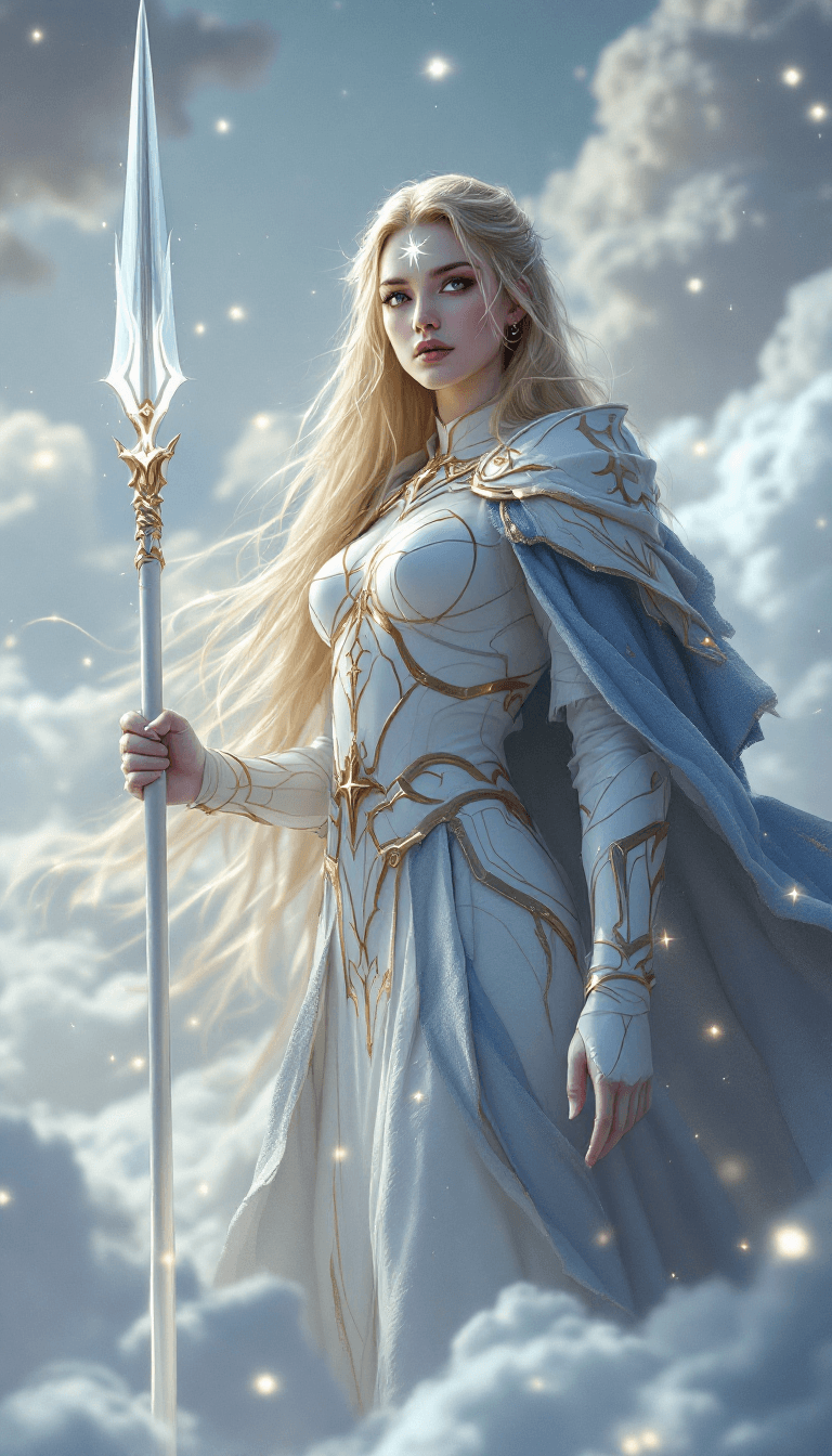AI generated: A cinematic digital artwork featuring a determined, female celestial warrior in a commanding yet com...