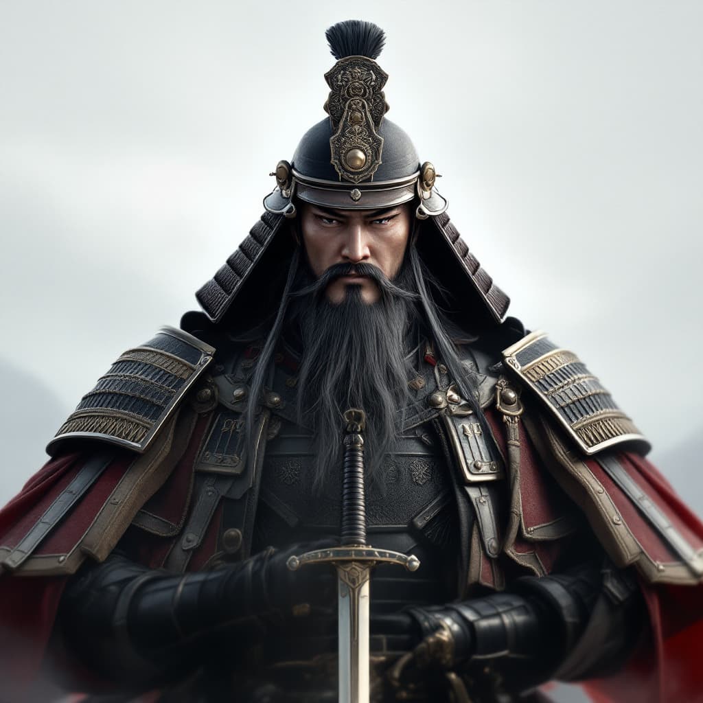 AI generated: Joseon's Admiral Yi Sun-shin's image facing the front. Joseon style armor and swords. Cool image