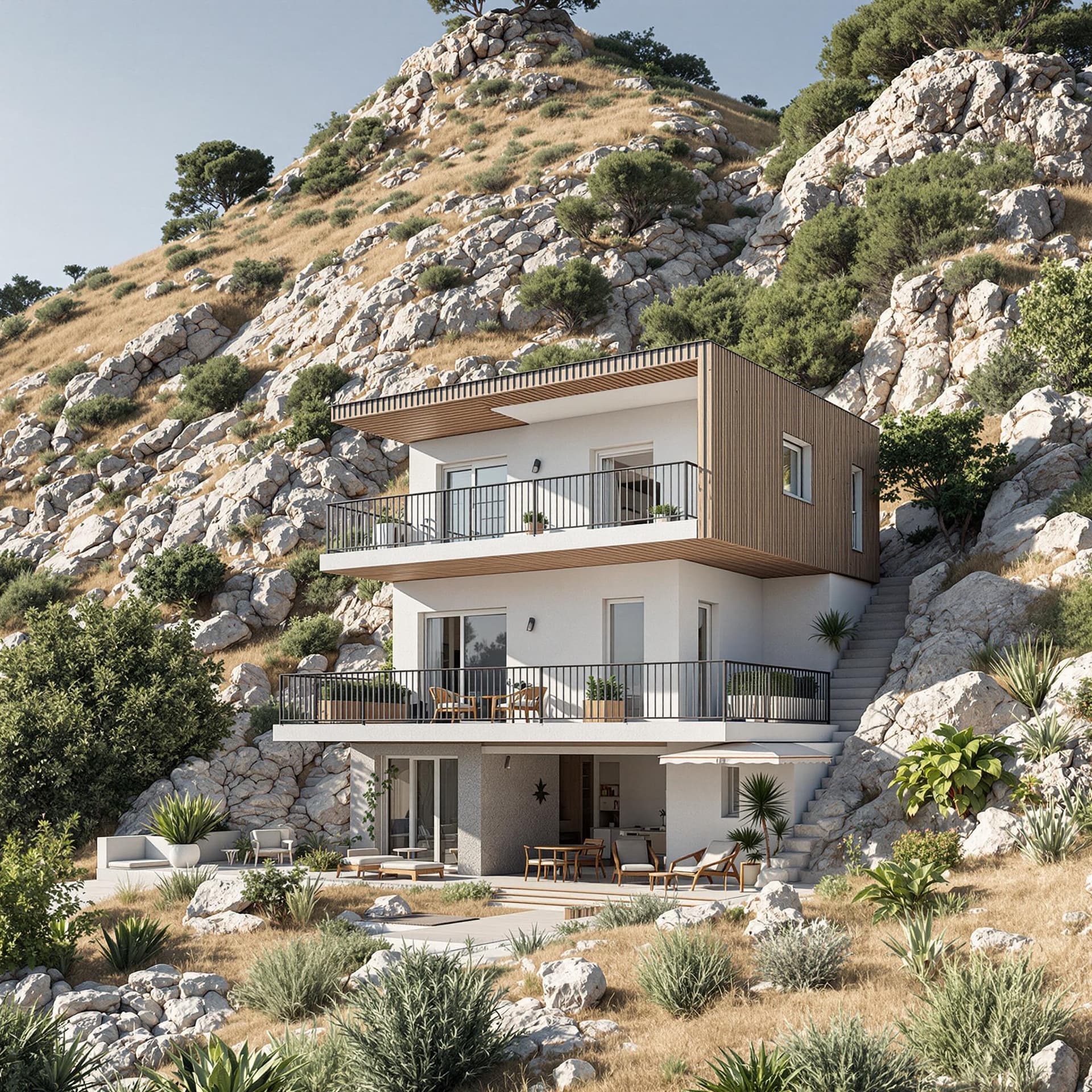 AI generated: A two floor hotel located in Loutraki Greece, situated in a plot of land with a very steep slope. Th...